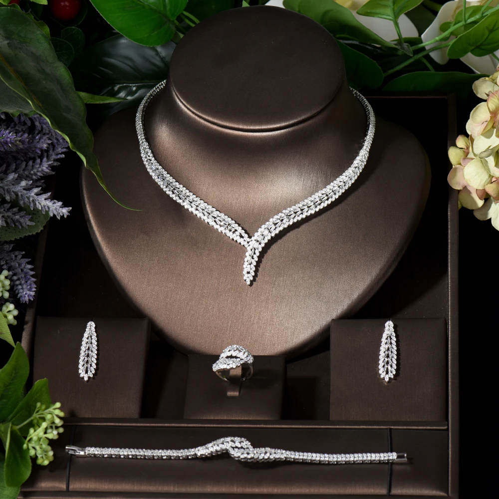 Alternative view of Classic rectangular cubic zirconia wedding necklace and earring set Dubai Nigeria CZ Bridal Jewelry Set