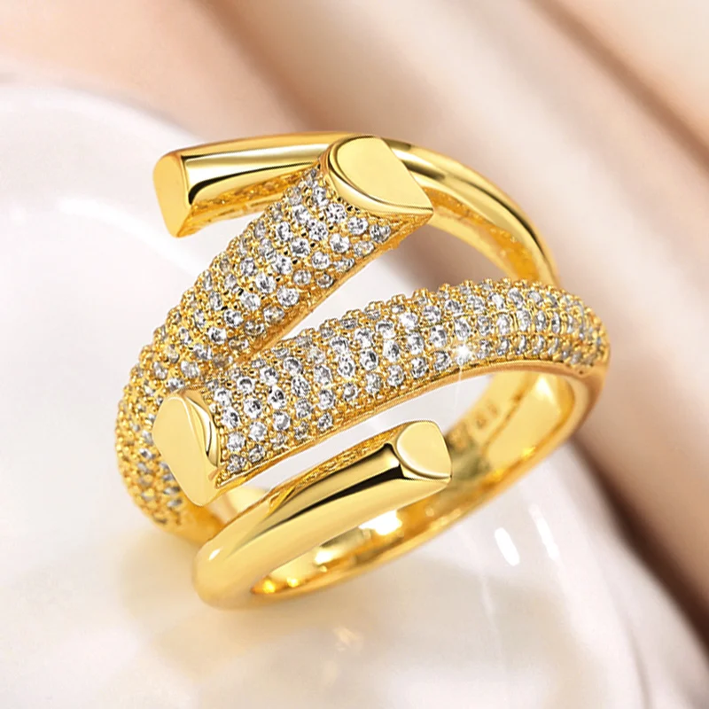 Alternative view of Huitan Hyperbole Shape Geometric Gold Color Girl Ring Luxury Paved Sparkling CZ Daily Wear Party Fashion Versatile Women Jewelry