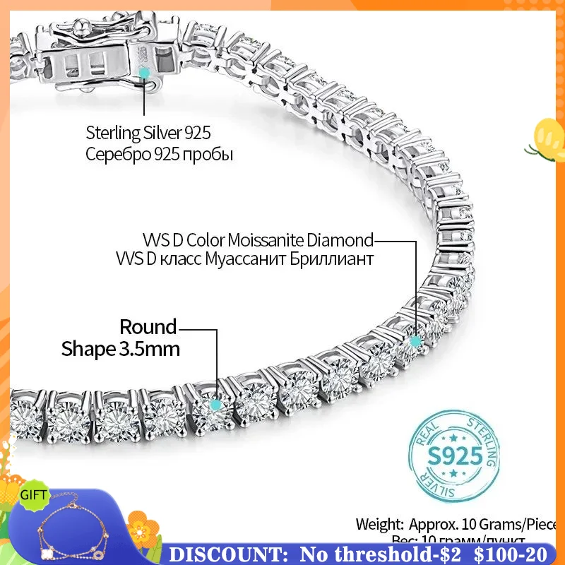 ATTAGEMS 4.0mm 5.0mm D Color Pass Diamond Tester GRC Round Cut White Gold Plated 925 Silver Moissanite Tennis Bracelet for Women