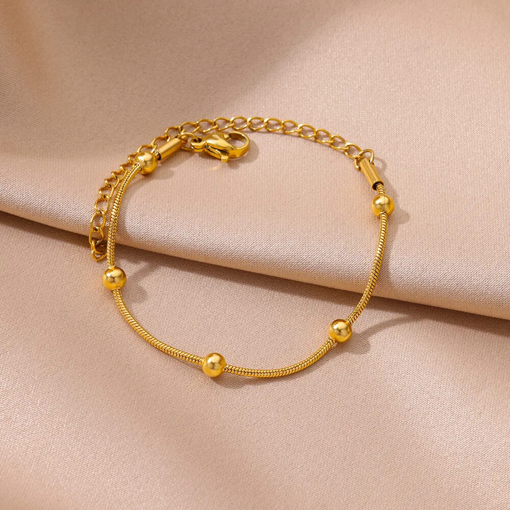 Stainless Steel Beaded Round Snake Chain Bracelets For Women Gold Color Geometric Bracelet Luxury Wedding Party Jewelry Gift