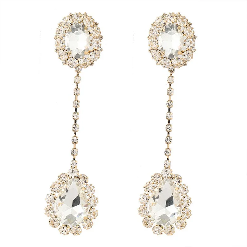 Alternative view of Stonefans Fashion Shiny Rhinestone Long Oval Earrings for Women Luxurious Water Drop Pendant Earrings Claw Chain Jewelry Party