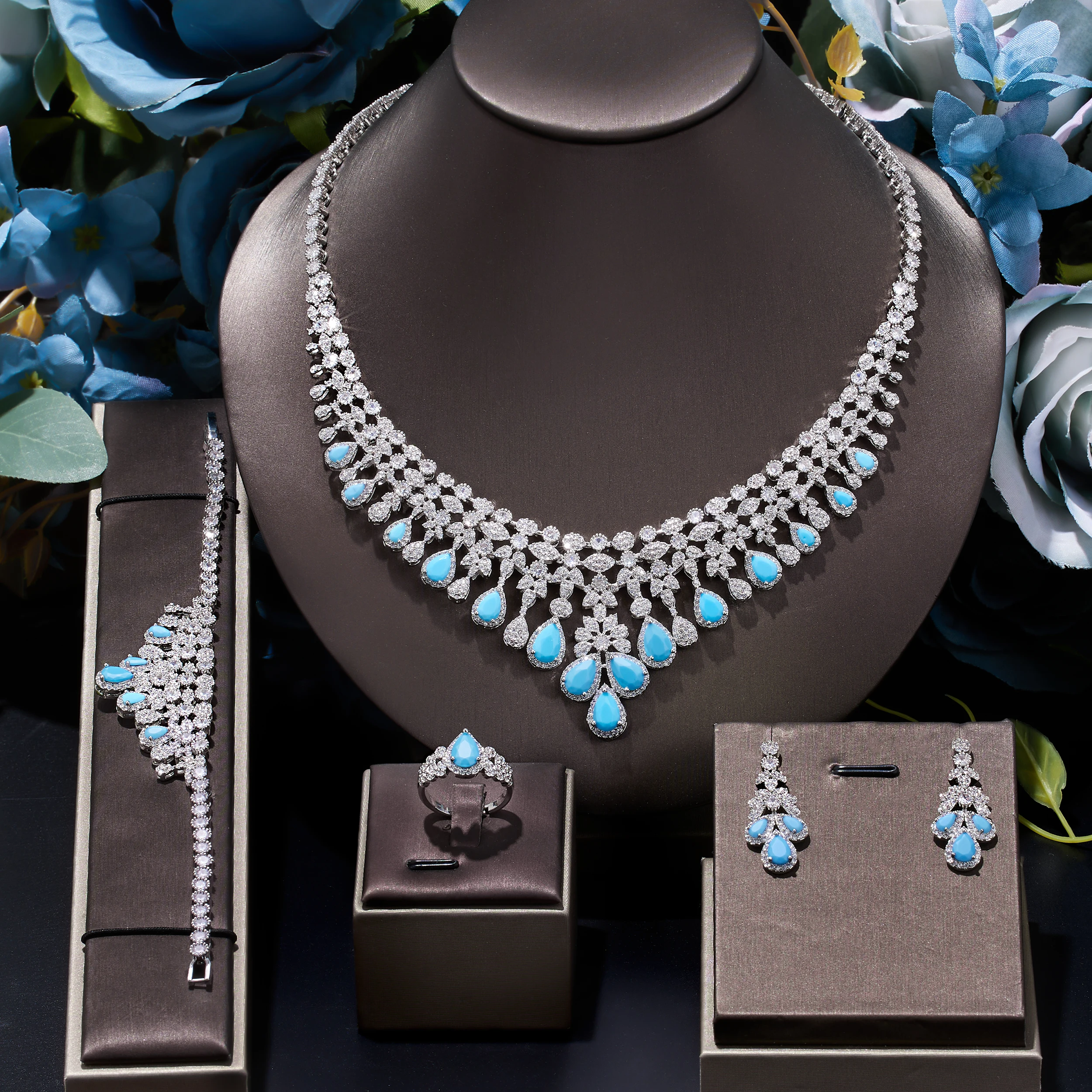 Alternative view of 2024 Zircon Super Deluxe Tassel Water Drop Big Wedding Bridal Necklace Earrings 4 Pieces Nigerian Dubai Women's Jewelry Set