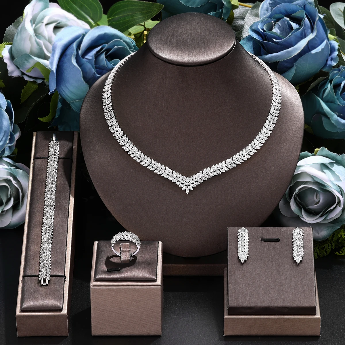 Nigeria 4pcs Bridal Zirconia Jewelry Sets For Women Party, Luxury Dubai Nigeria platinum plating CZ Crystal Wedding Jewelry Sets Nigeria 4pcs Bridal Zirconia Jewelry Sets For Women Party, Luxury Dubai Nigeria platinum plating CZ Crystal Wedding Jewelry Sets