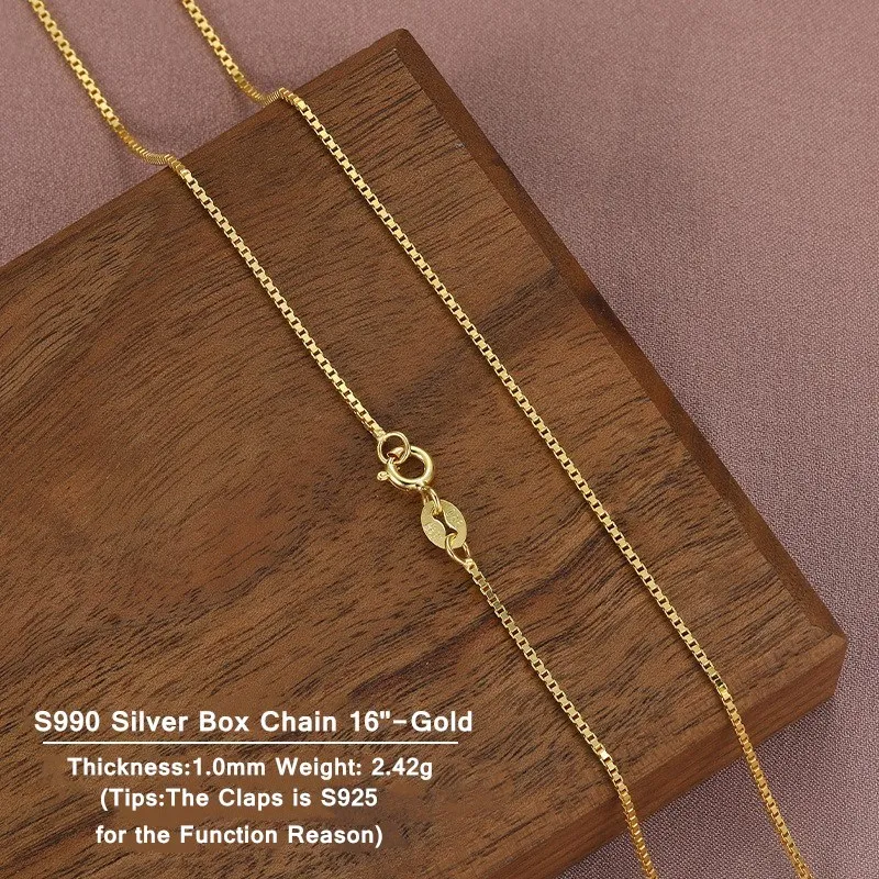 Lo Paulina Genuine PT990 Sterling Silver Box Chain For Woman 1.0mm 16"/18" Necklace 18K Gold/Rose Gold /Platinum Collar LPS002