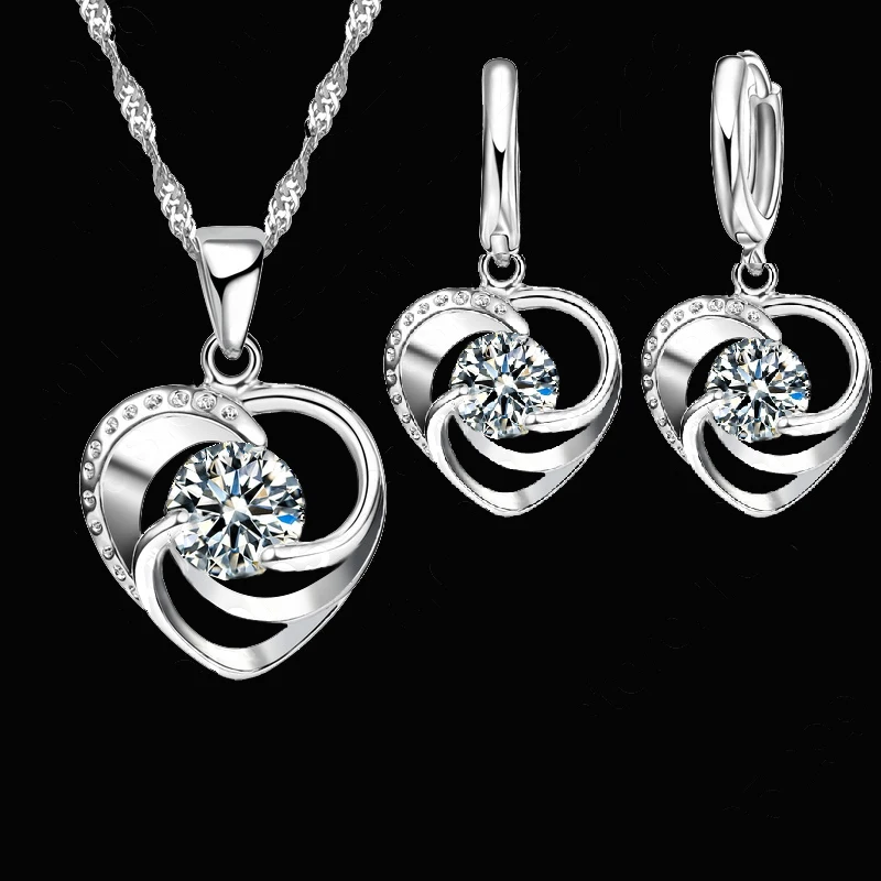 Alternative view of 925 Sterling Silver Stamped Necklace Earrings Set Long Chain Sweet Romantic Style Love Heart Shape For Women Lady Wife