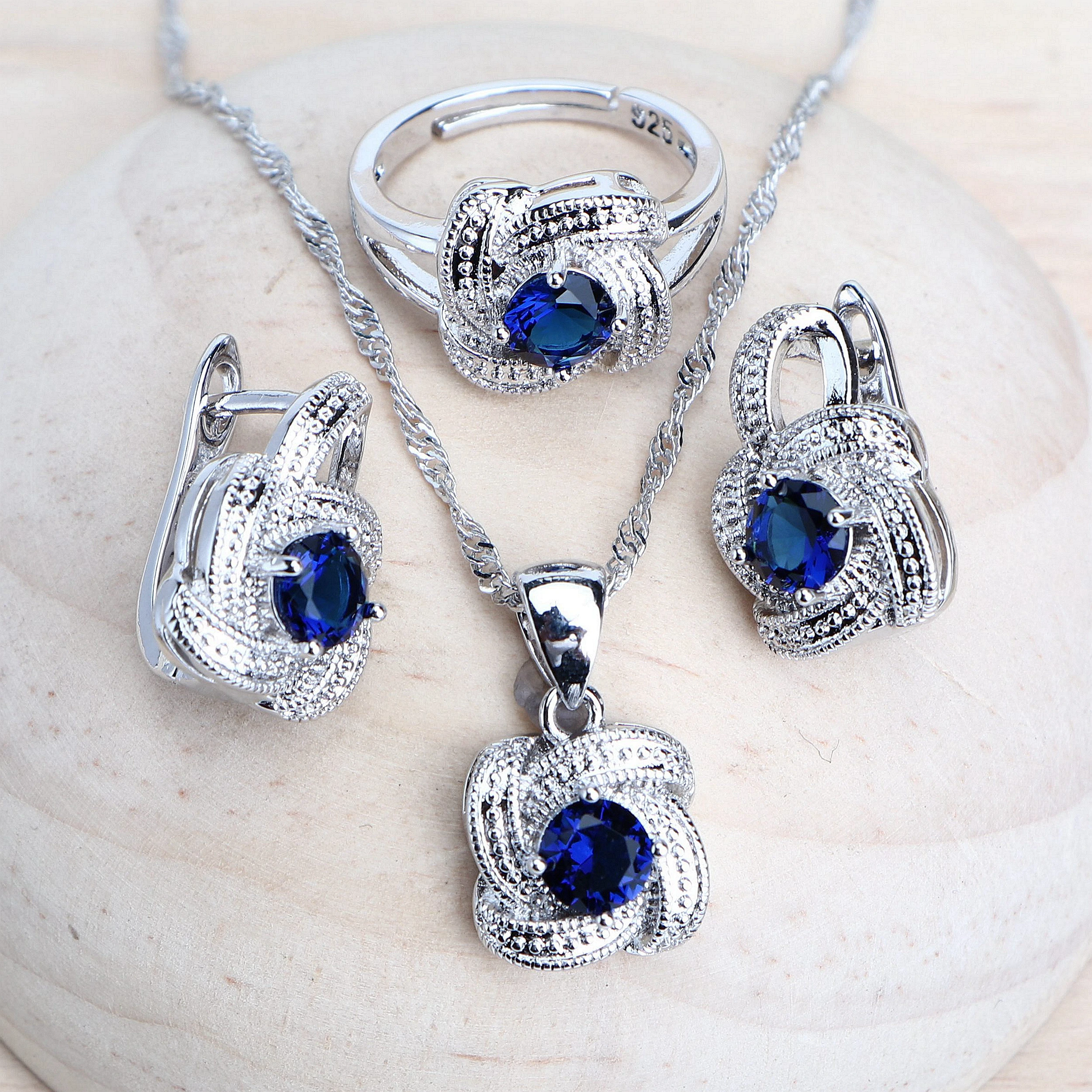 Alternative view of Blue Zirconia Women Jewelry Sets 925 Sterling Silver Wedding Bridal Costume Jewellery Earrings Rings Bracelets Pendant Necklace