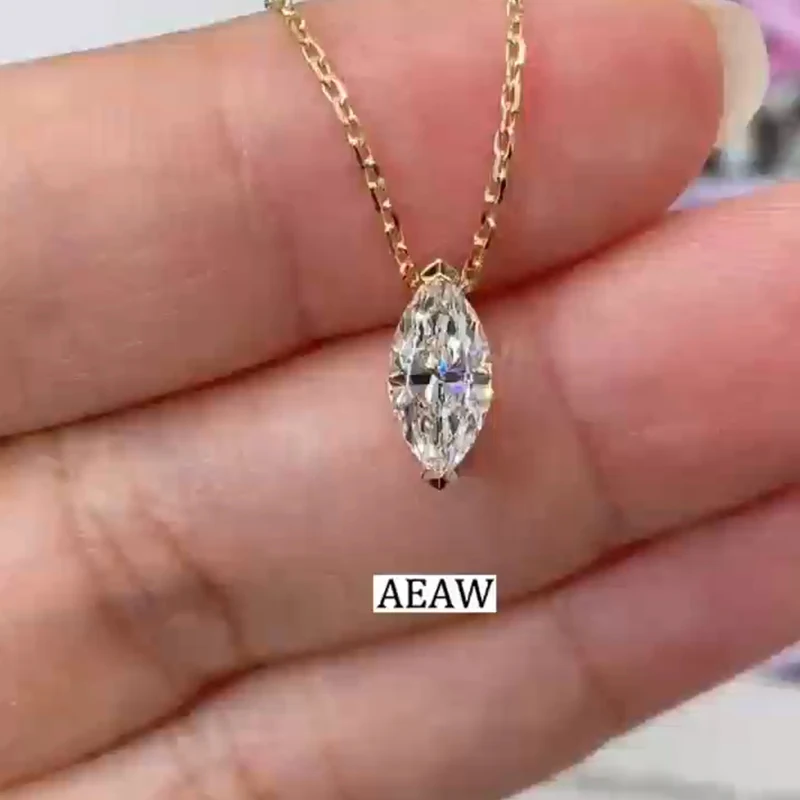1 CT Solitaire Marquise Cut Lab Grown Diamond CVD HPHT Pendant Necklace 14k Yellow Gold NGIC And IGI Certificate DEF Color VS