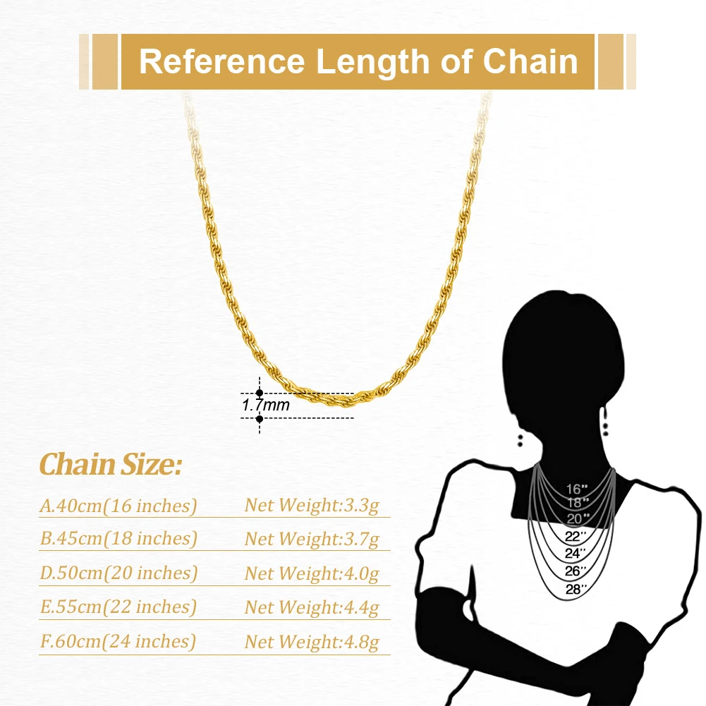 ORSA JEWELS 18K Gold over Authentic 925 Sterling Silver 1.7mm Diamond-Cut Rope Chain Necklace for Man Woman Twist Chain SC29