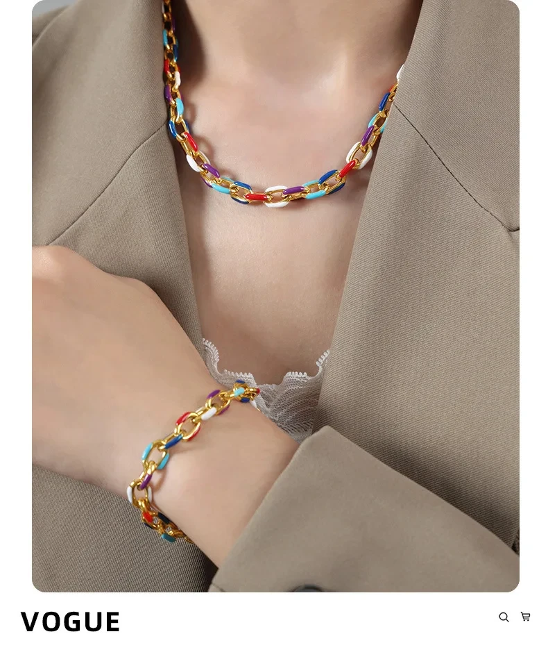 Colourful Enamel Necklace Bracelet For Women Stainless Steel 18K Gold Plated Waterproof Women's Neck Chain Bracelets Jewelry Set Colourful Enamel Necklace Bracelet For Women Stainless Steel 18K Gold Plated Waterproof Women's Neck Chain Bracelets Jewelry Set
