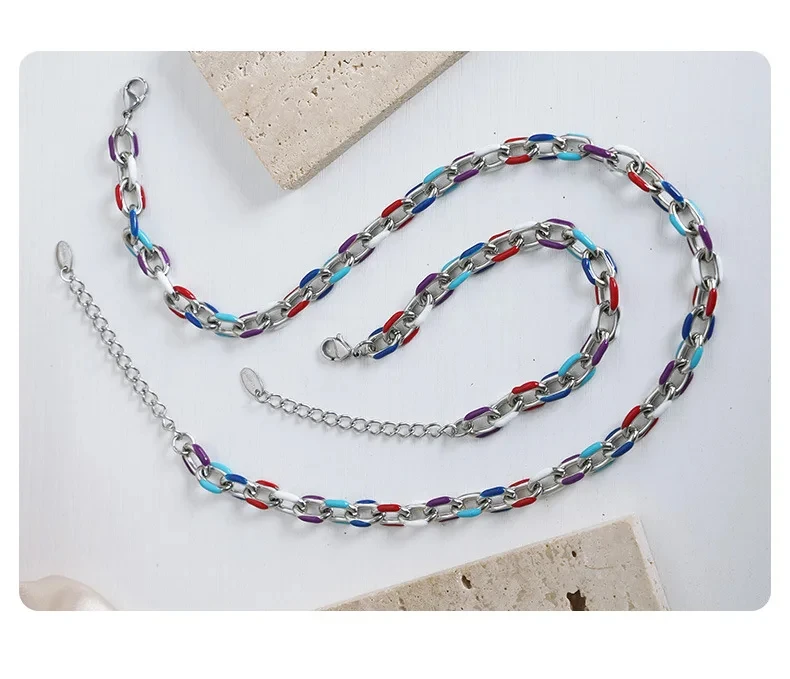 Colourful Enamel Necklace Bracelet For Women Stainless Steel 18K Gold Plated Waterproof Women's Neck Chain Bracelets Jewelry Set Colourful Enamel Necklace Bracelet For Women Stainless Steel 18K Gold Plated Waterproof Women's Neck Chain Bracelets Jewelry Set