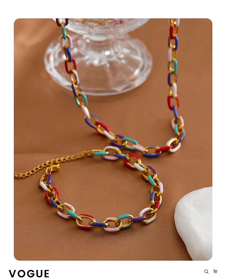 Colourful Enamel Necklace Bracelet For Women Stainless Steel 18K Gold Plated Waterproof Women's Neck Chain Bracelets Jewelry Set Colourful Enamel Necklace Bracelet For Women Stainless Steel 18K Gold Plated Waterproof Women's Neck Chain Bracelets Jewelry Set