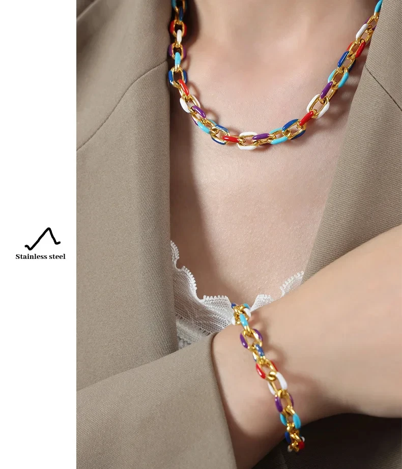 Colourful Enamel Necklace Bracelet For Women Stainless Steel 18K Gold Plated Waterproof Women's Neck Chain Bracelets Jewelry Set Colourful Enamel Necklace Bracelet For Women Stainless Steel 18K Gold Plated Waterproof Women's Neck Chain Bracelets Jewelry Set