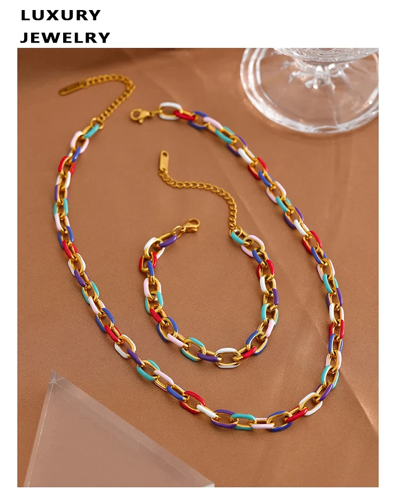 Colourful Enamel Necklace Bracelet For Women Stainless Steel 18K Gold Plated Waterproof Women's Neck Chain Bracelets Jewelry Set Colourful Enamel Necklace Bracelet For Women Stainless Steel 18K Gold Plated Waterproof Women's Neck Chain Bracelets Jewelry Set