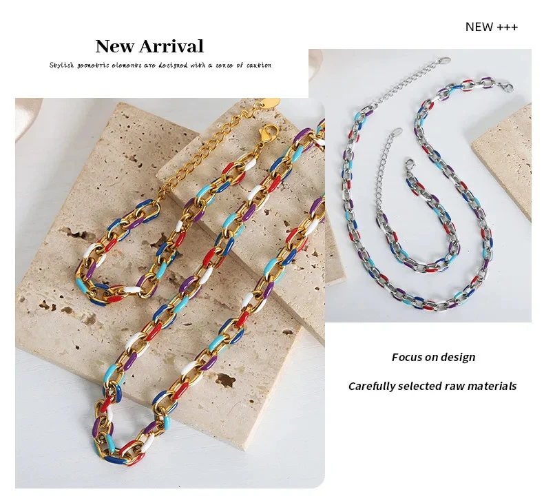Colourful Enamel Necklace Bracelet For Women Stainless Steel 18K Gold Plated Waterproof Women's Neck Chain Bracelets Jewelry Set Colourful Enamel Necklace Bracelet For Women Stainless Steel 18K Gold Plated Waterproof Women's Neck Chain Bracelets Jewelry Set