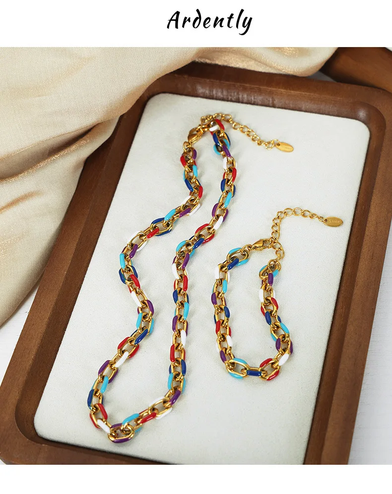 Colourful Enamel Necklace Bracelet For Women Stainless Steel 18K Gold Plated Waterproof Women's Neck Chain Bracelets Jewelry Set