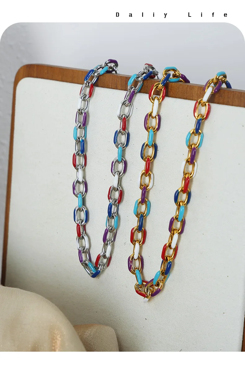 Colourful Enamel Necklace Bracelet For Women Stainless Steel 18K Gold Plated Waterproof Women's Neck Chain Bracelets Jewelry Set
