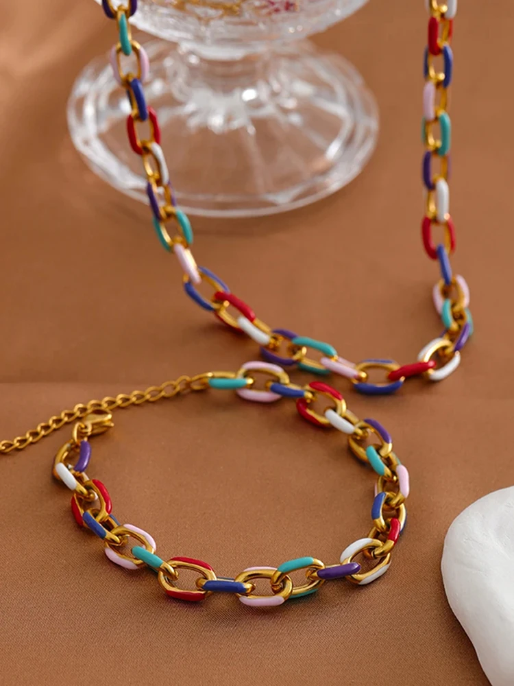 Alternative view of Colourful Enamel Necklace Bracelet For Women Stainless Steel 18K Gold Plated Waterproof Women's Neck Chain Bracelets Jewelry Set