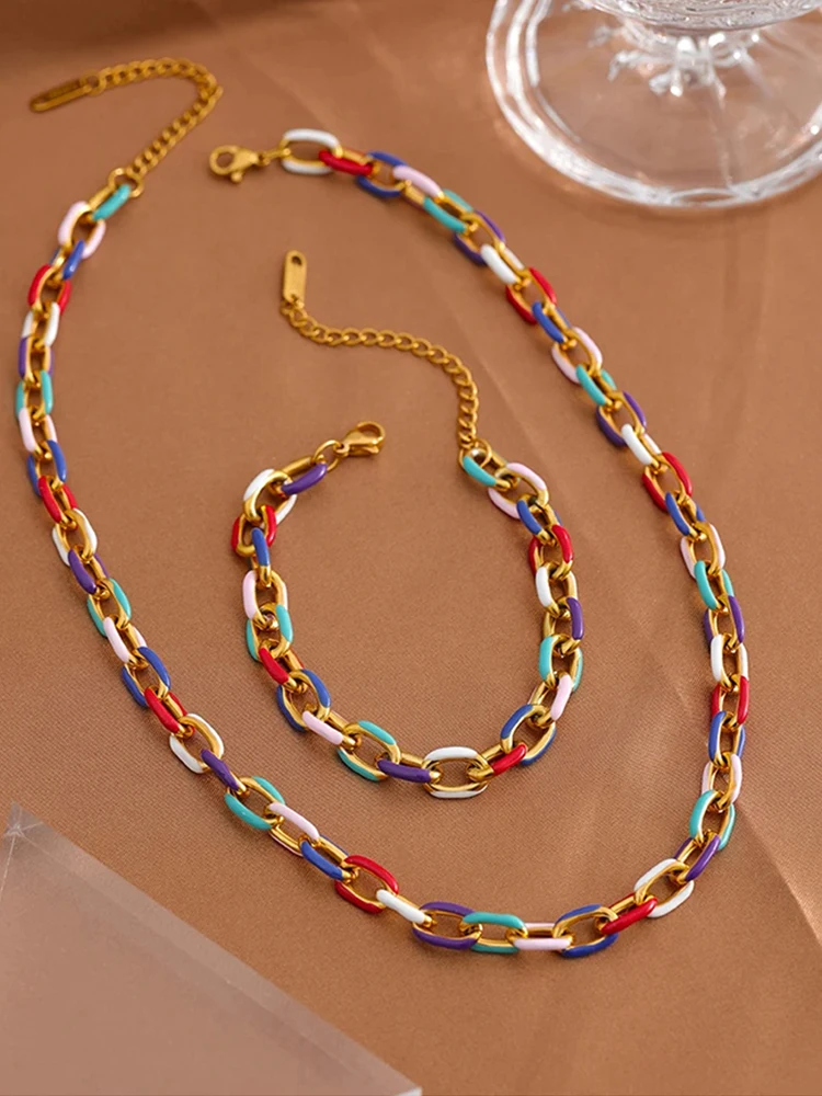 Colourful Enamel Necklace Bracelet For Women Stainless Steel 18K Gold Plated Waterproof Women's Neck Chain Bracelets Jewelry Set