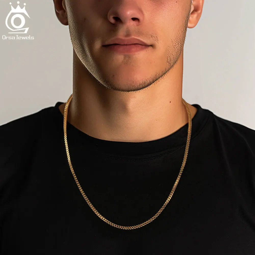 Alternative view of ORSA JEWELS Hip Hop 18K Gold 2.5mm Franco Chain Necklace for Men Fashion 925 Sterling Silver Choker Necklace Party Jewelry NMN13