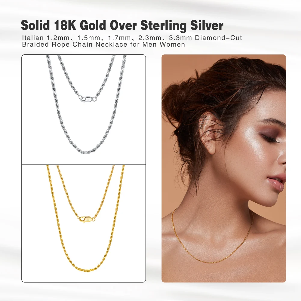 Alternative view of Effie Queen Genuine 925 Sterling Silver Italian Diamond-Cut Rope Chain Necklace for Women Men 18K Gold Twist Chain Jewelry SC29