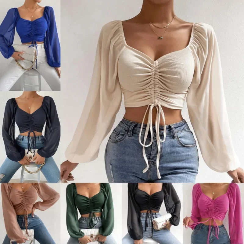 Alternative view of Sexy V-neck Women T Shirt Casual Drawstring Crop Tops Tee Ladies Blusas Summer Short Tshirt Woman Clothes Long Sleeve T Shirt