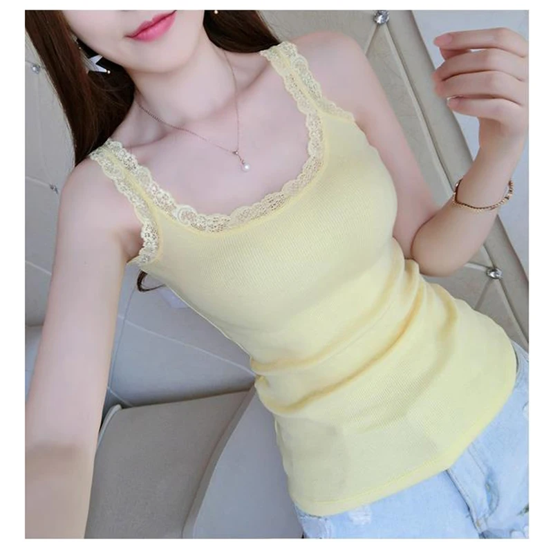 Alternative view of Tank Tops Women Summer O-neck Solid Color Female U-shaped Low Cut Lace Suspender Vest 2024 New Sleeveless Camisole For Ladies