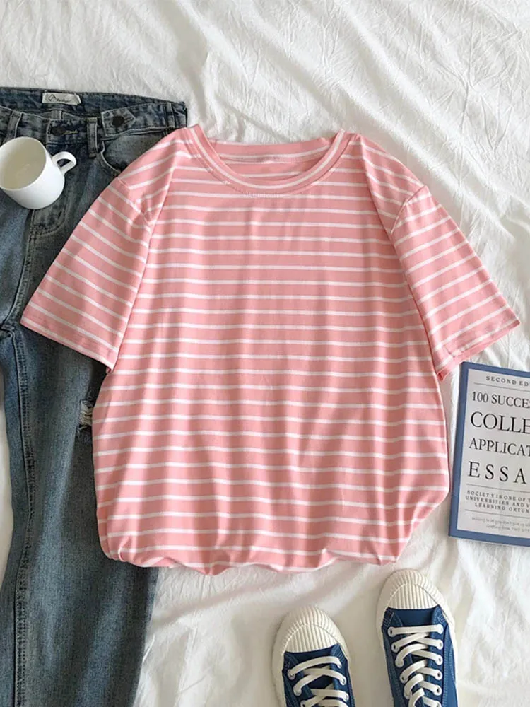 Harajuku Short Sleeve Korean O-Neck Casual Fashion Shirt Camiseta Feminina Tops T Shirt Women Solid Color Striped Punk T-shirt