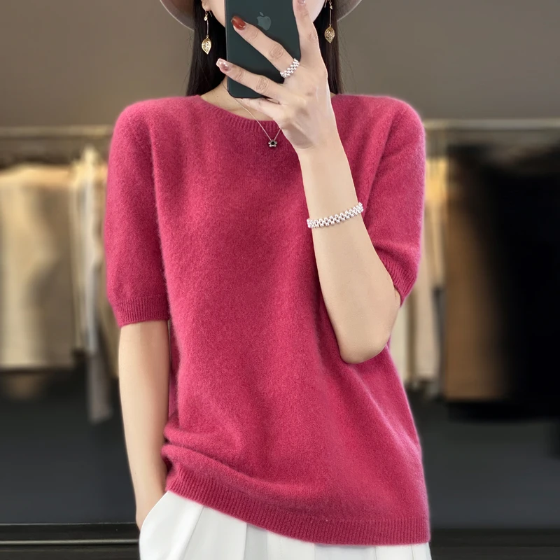 Alternative view of Fashion short sleeve 100% merino wool sweater basic O-neck cashmere women's knitted top pullover sweater top