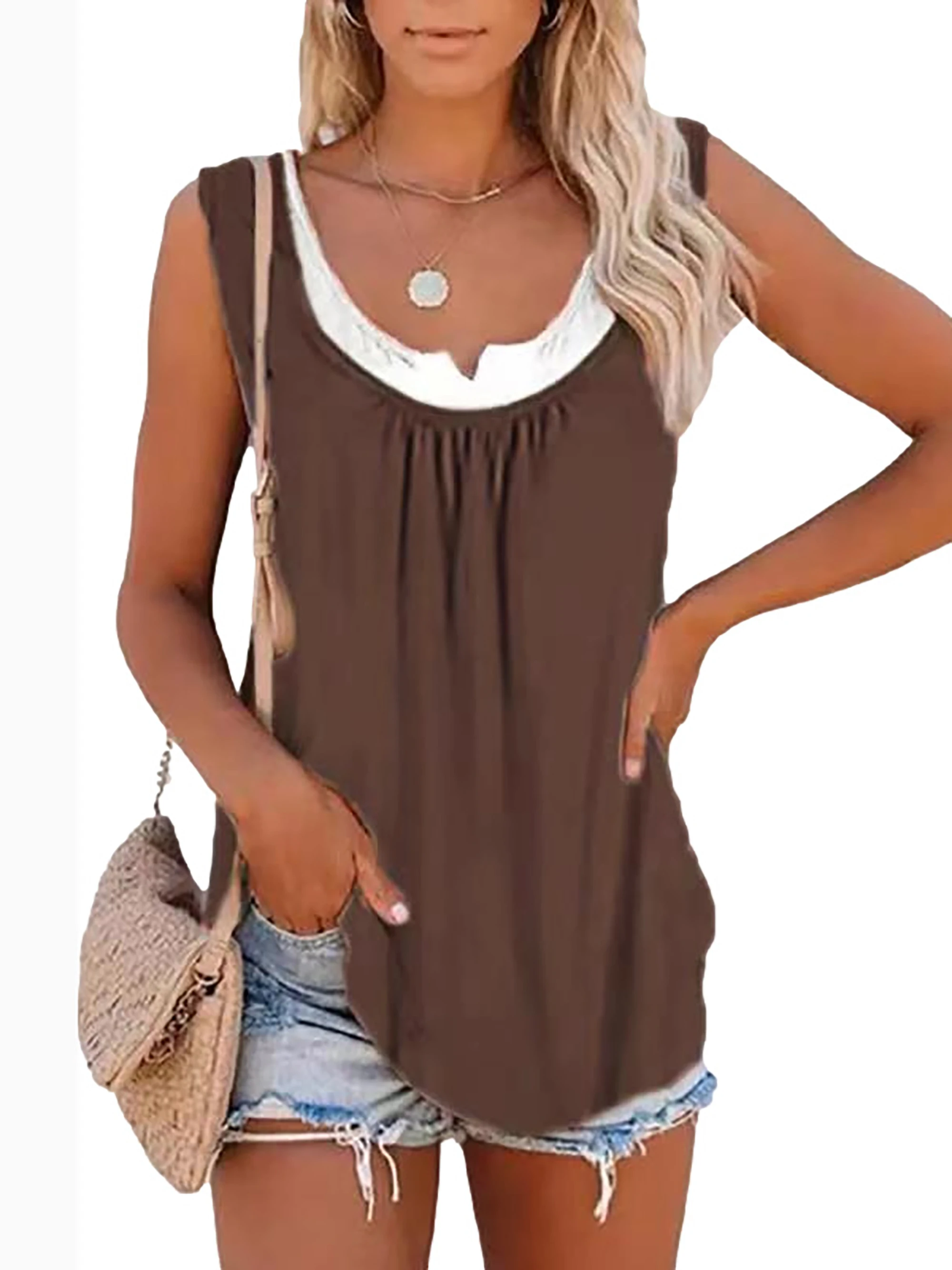 2024 summer new Europe and the United States women's blouse solid color patchwork sleeveless pleated vest T-shirt 2024 summer new Europe and the United States women's blouse solid color patchwork sleeveless pleated vest T-shirt