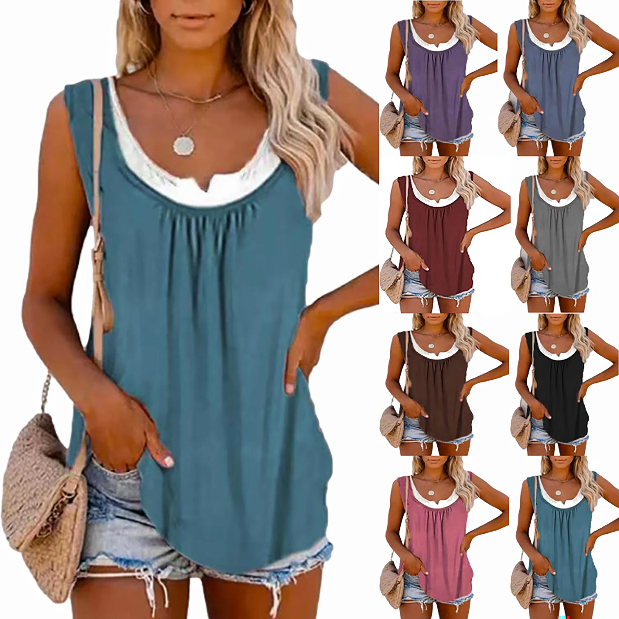 2024 summer new Europe and the United States women's blouse solid color patchwork sleeveless pleated vest T-shirt