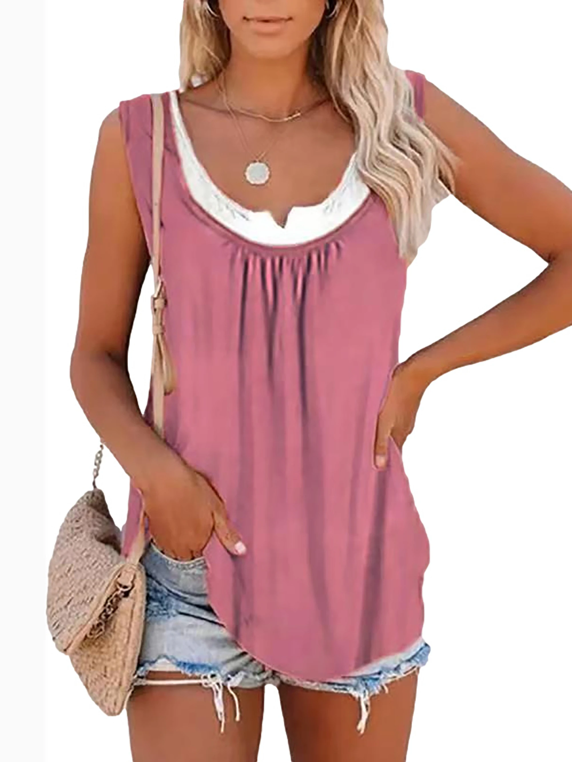 2024 summer new Europe and the United States women's blouse solid color patchwork sleeveless pleated vest T-shirt 2024 summer new Europe and the United States women's blouse solid color patchwork sleeveless pleated vest T-shirt