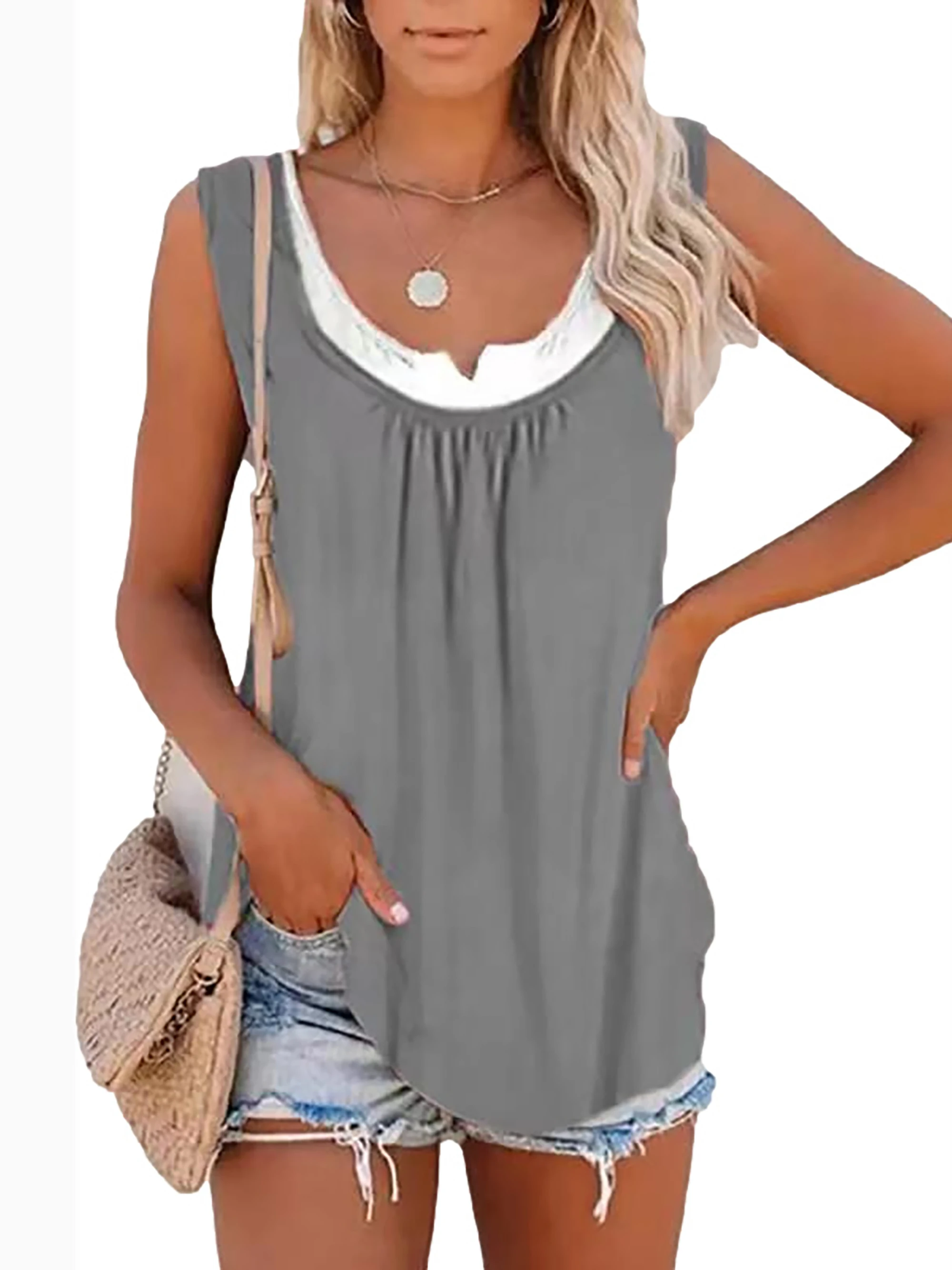 2024 summer new Europe and the United States women's blouse solid color patchwork sleeveless pleated vest T-shirt 2024 summer new Europe and the United States women's blouse solid color patchwork sleeveless pleated vest T-shirt