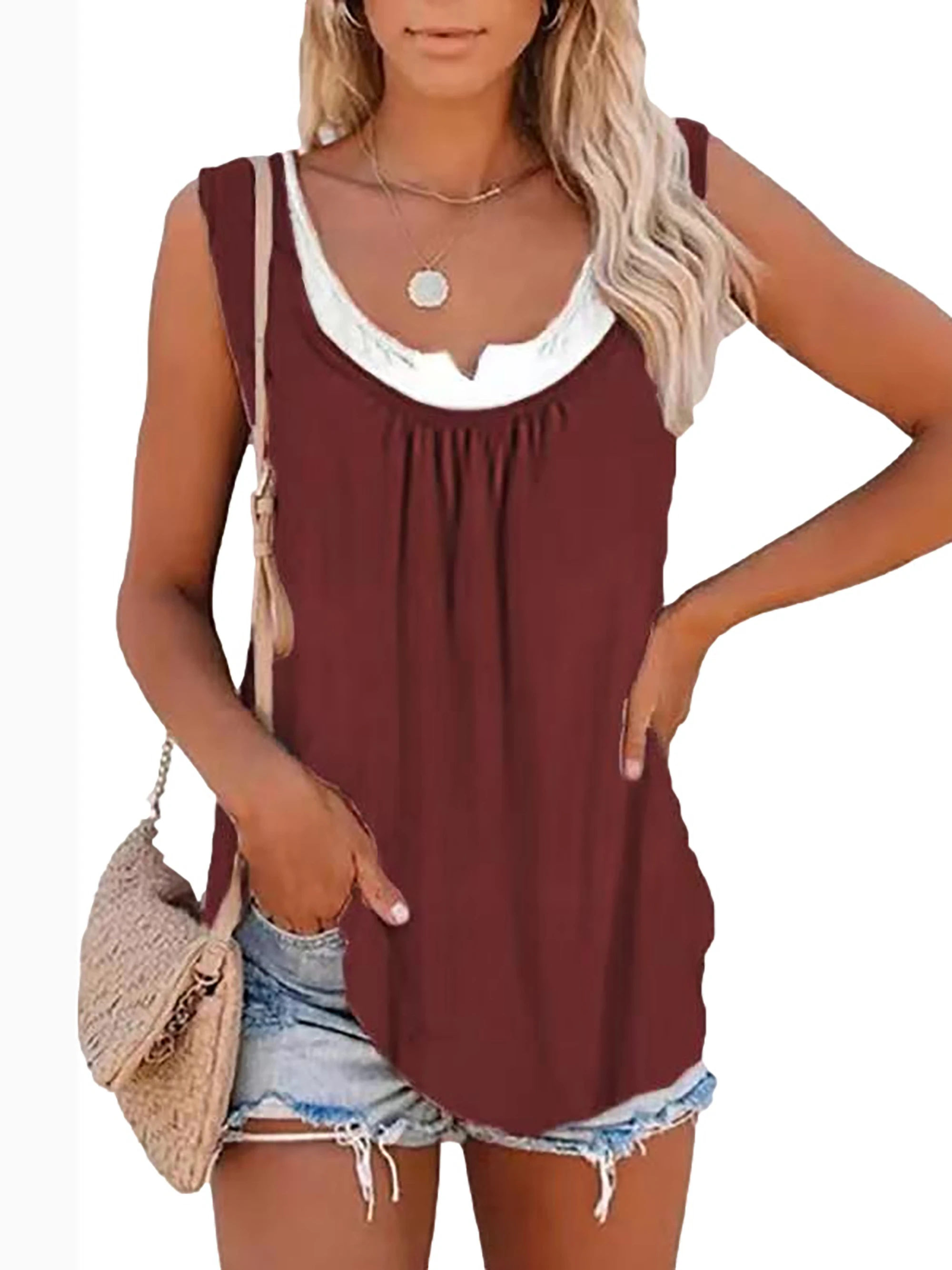 2024 summer new Europe and the United States women's blouse solid color patchwork sleeveless pleated vest T-shirt 2024 summer new Europe and the United States women's blouse solid color patchwork sleeveless pleated vest T-shirt