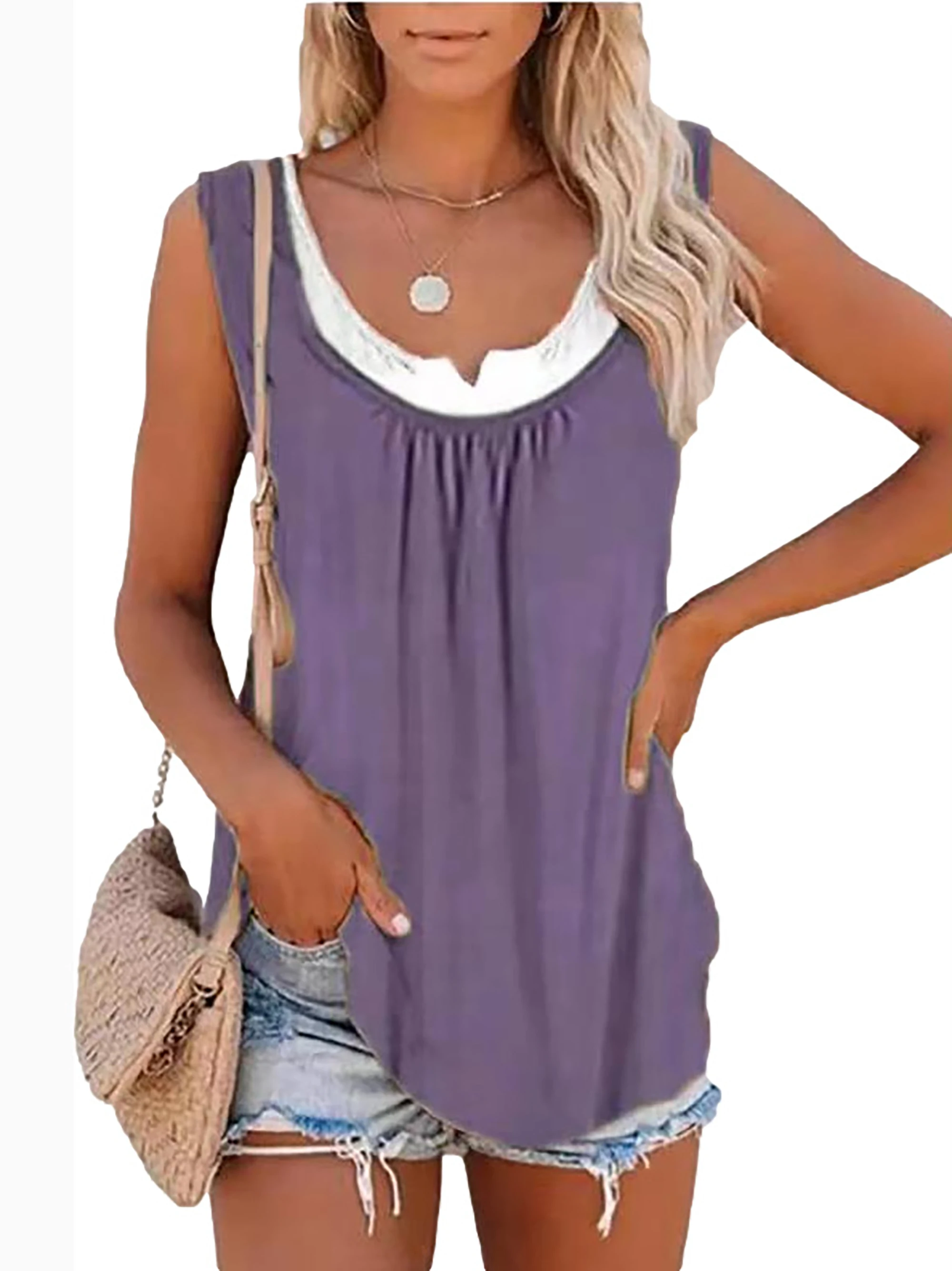 2024 summer new Europe and the United States women's blouse solid color patchwork sleeveless pleated vest T-shirt 2024 summer new Europe and the United States women's blouse solid color patchwork sleeveless pleated vest T-shirt
