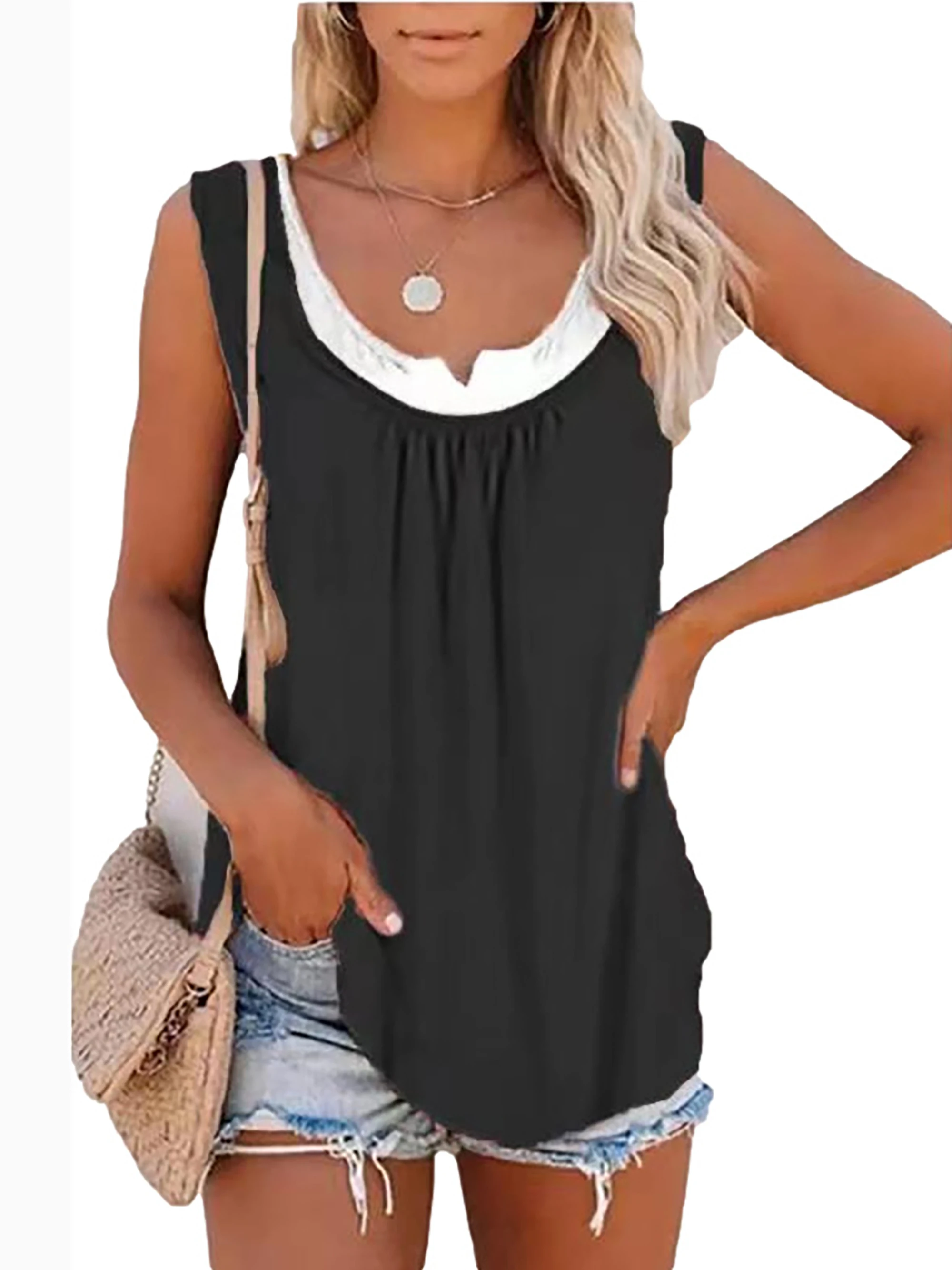 2024 summer new Europe and the United States women's blouse solid color patchwork sleeveless pleated vest T-shirt 2024 summer new Europe and the United States women's blouse solid color patchwork sleeveless pleated vest T-shirt