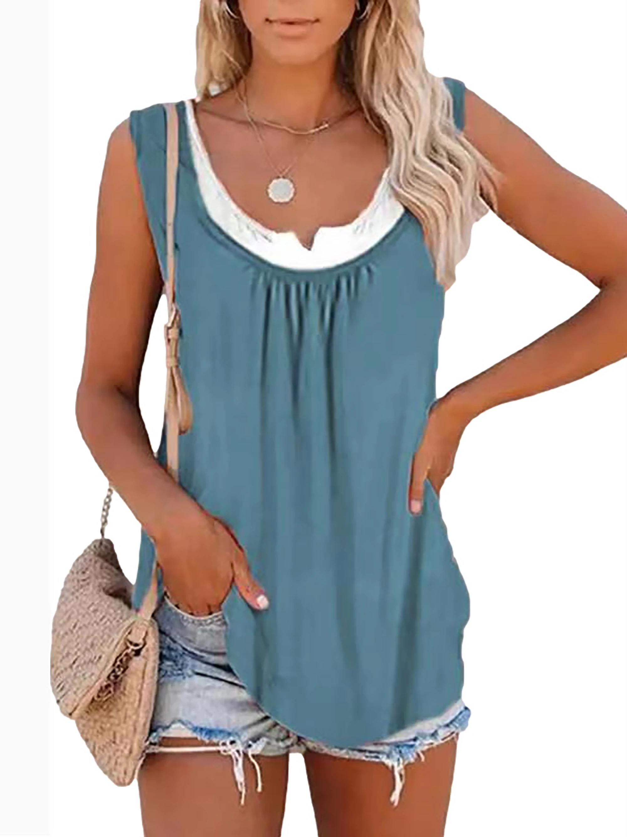 Alternative view of 2024 summer new Europe and the United States women's blouse solid color patchwork sleeveless pleated vest T-shirt