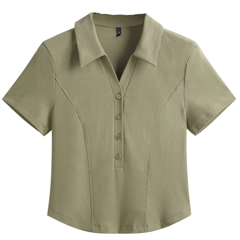 Summer New Polo Neck Button Short High Waist T-shirt Slim Fit Short Sleeve Solid Color Cotton Women's Top