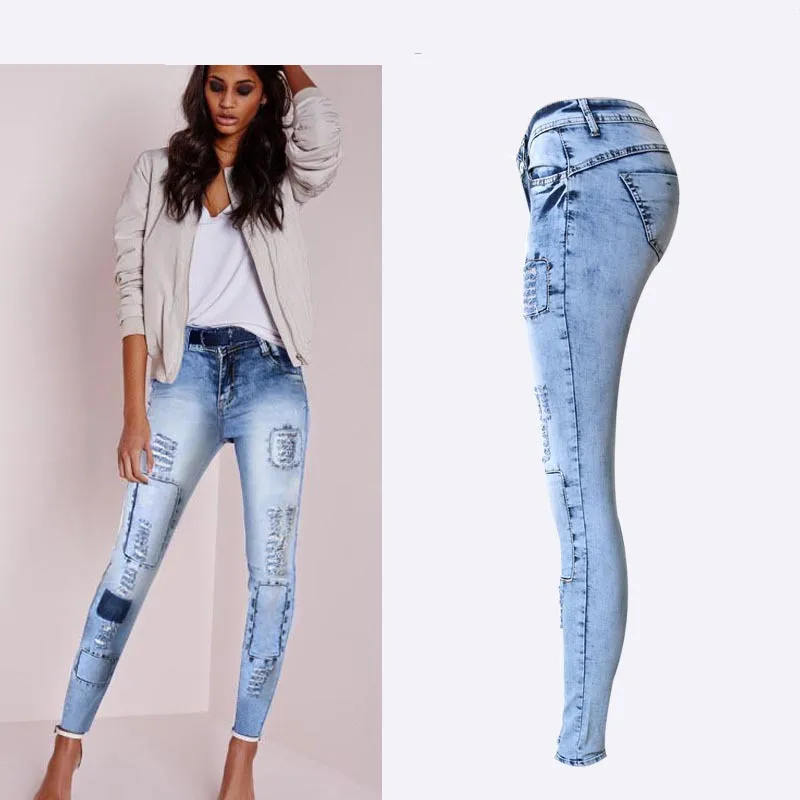Alternative view of Summer Style Low Waist Sky Blue Patchwork Skinny Tights Women Pencil Jeans High Stretch Sexy Push Up Denim Women Fashion Jeans