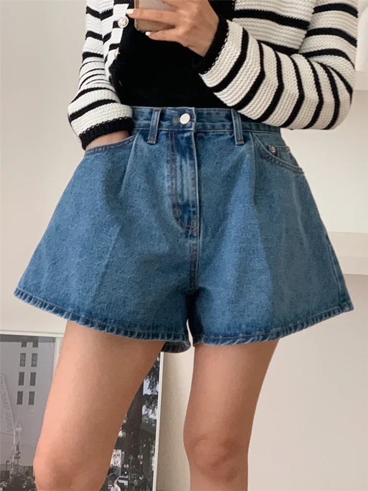 Alternative view of REALEFT 2024 New High Waist Washed Women's Denim Wide Leg Shorts Summer Buttons Casual Female Blue Jeans Trouses Pockets