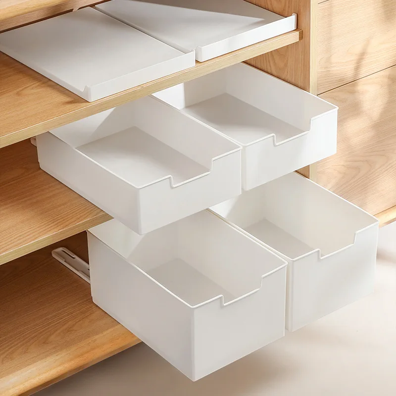 Plastic Pull Out Cabinet Drawer Organizer, Expendable Slide Out Kitchen Storage Shelves, Desk Storage Rack for Office