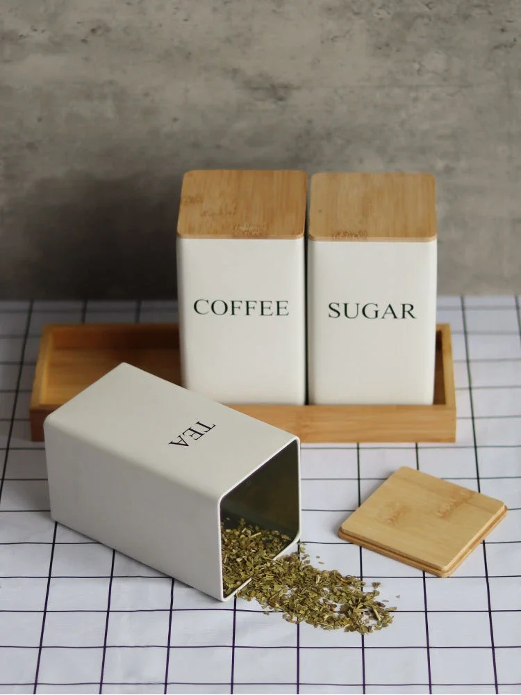 Coffee Bean Storage Airtight Containers for Food Conteiners Simple Style Bamboo Cover Iron Art Tea Can Sugar Bowl Kitchen Items