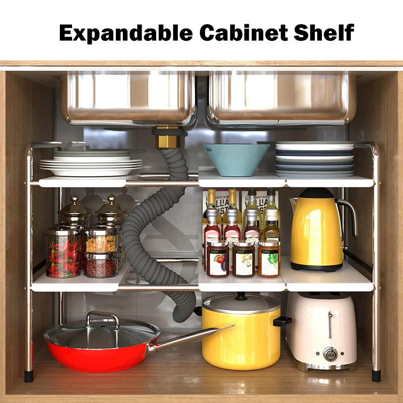 Alternative view of Expandable Kitchen Under Sink Shelf Flexible Layered Rack Cabinet Organizer Sundries Telescopic Holder Spice Rack Pot Storage
