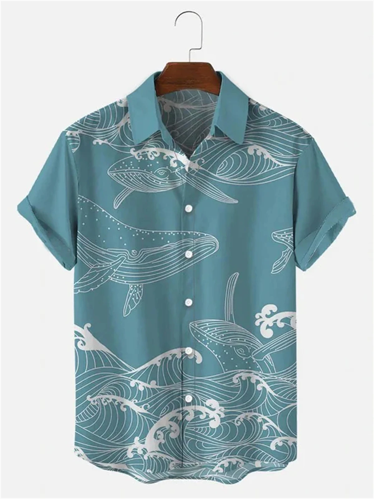 Alternative view of Hawaiian Men's Short Sleeve Shirt Whale Spray Print Beach Fashion Lapel Top 2024 New Large Size Casual