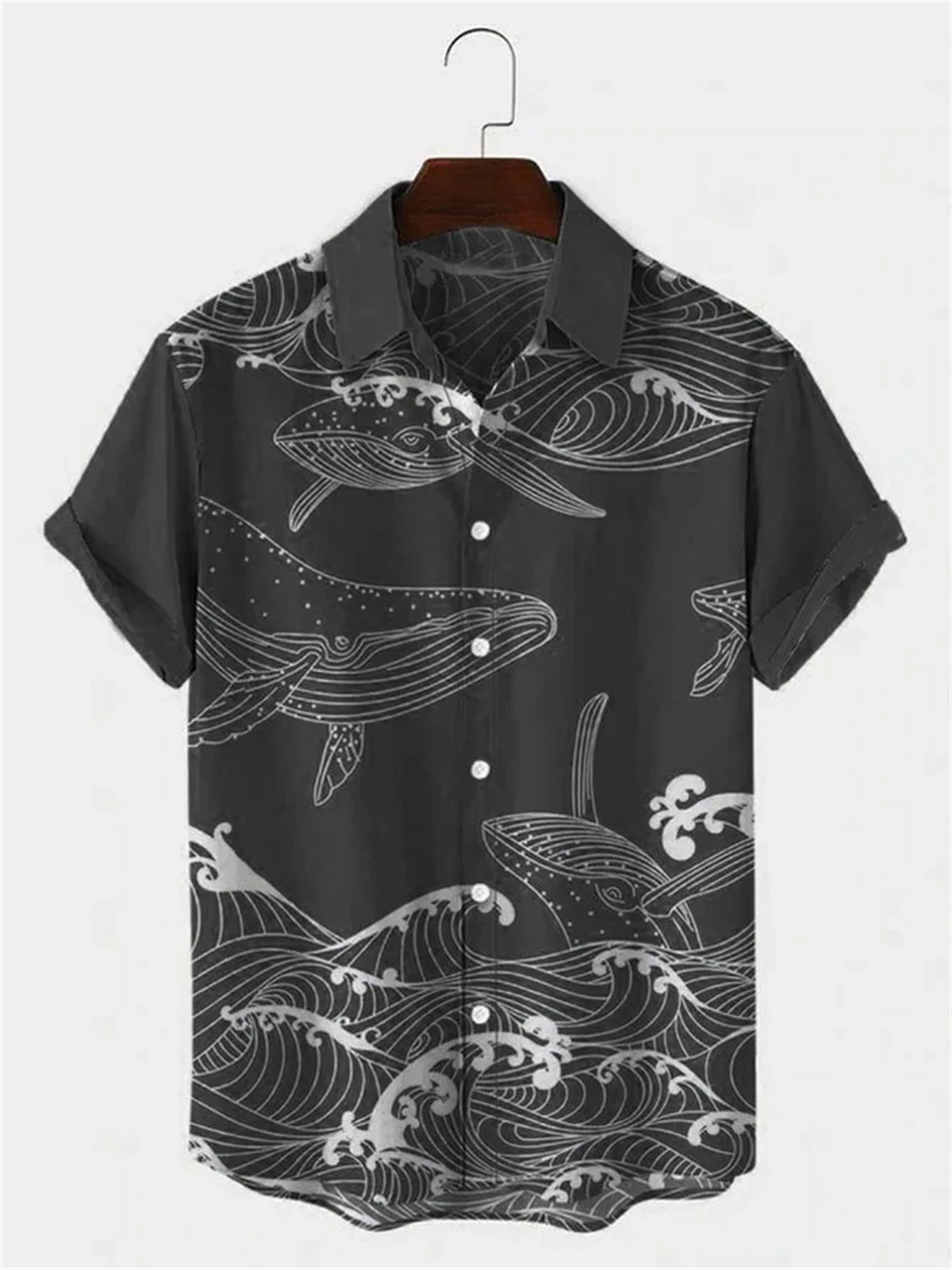Hawaiian Men's Short Sleeve Shirt Whale Spray Print Beach Fashion Lapel Top 2024 New Large Size Casual