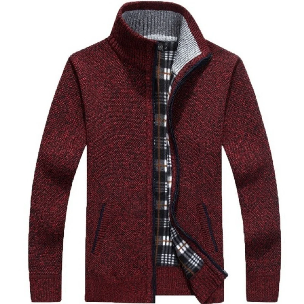 Alternative view of Winter Thick Men's Knitted Sweater Coat Off White Long Sleeve Cardigan Fleece Full Zip Male Causal Plus Size Clothing for Autumn