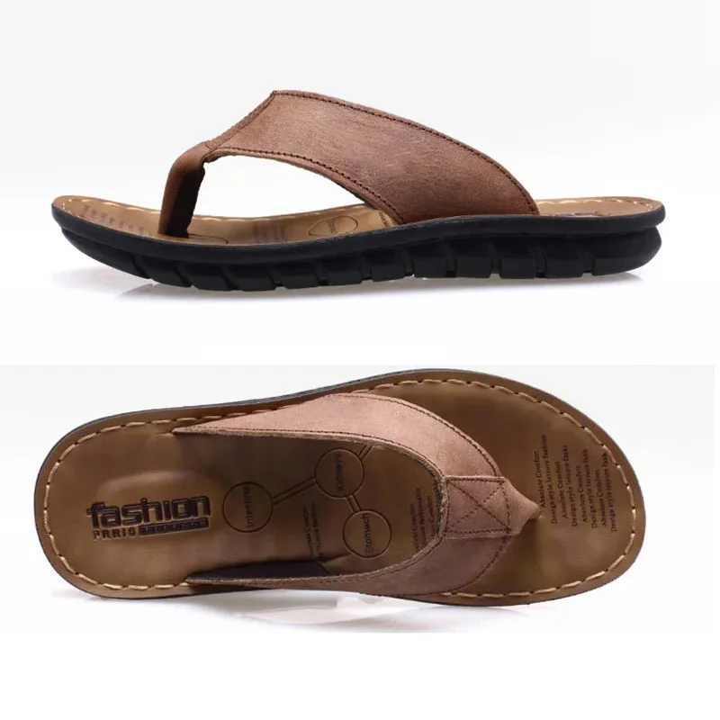 Alternative view of Summer Shoes Men Slippers Flip Flops Genuine Leather Non-slip Flat Mens Sandals Holiday Footwear Black Khaki