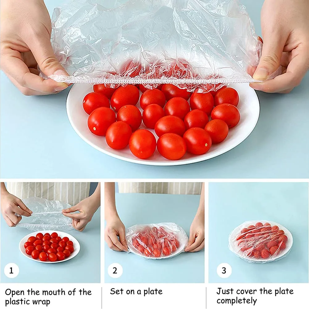 Alternative view of 100pcs Disposable Food Cover Plastic Wrap Elastic Food Lids For Fruit Bowls Cups Caps Storage Kitchen Fresh Keeping Saver Bag