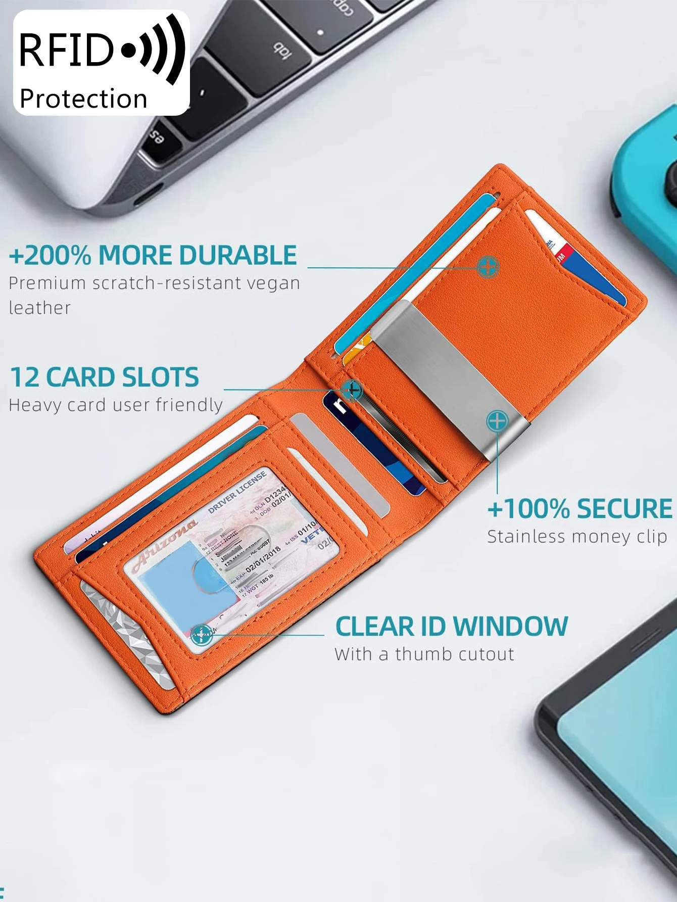 Alternative view of Minimalist men's wallet RFID anti-theft brush double fold cross front pocket portable card holder 12 card multifunctional wallet