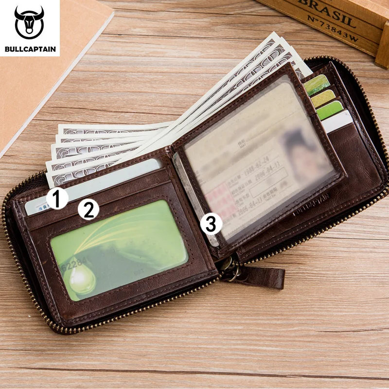 Alternative view of Bullcaptain retro RFID zipper with compartment men's wallet RFID credit card holder anti-theft leather mini men's wallet