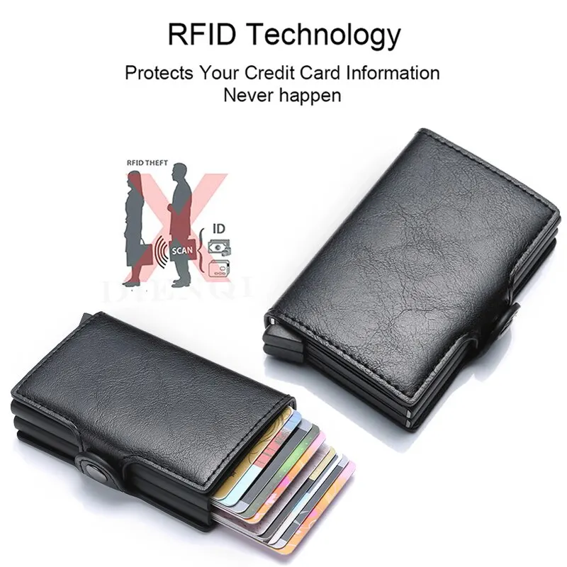 Alternative view of Antitheft Rfid Credit Card Holder Wallets Men Leather Aluminum Box Metal Male Purse Bag Small Cardholder Case Minimalist Wallet